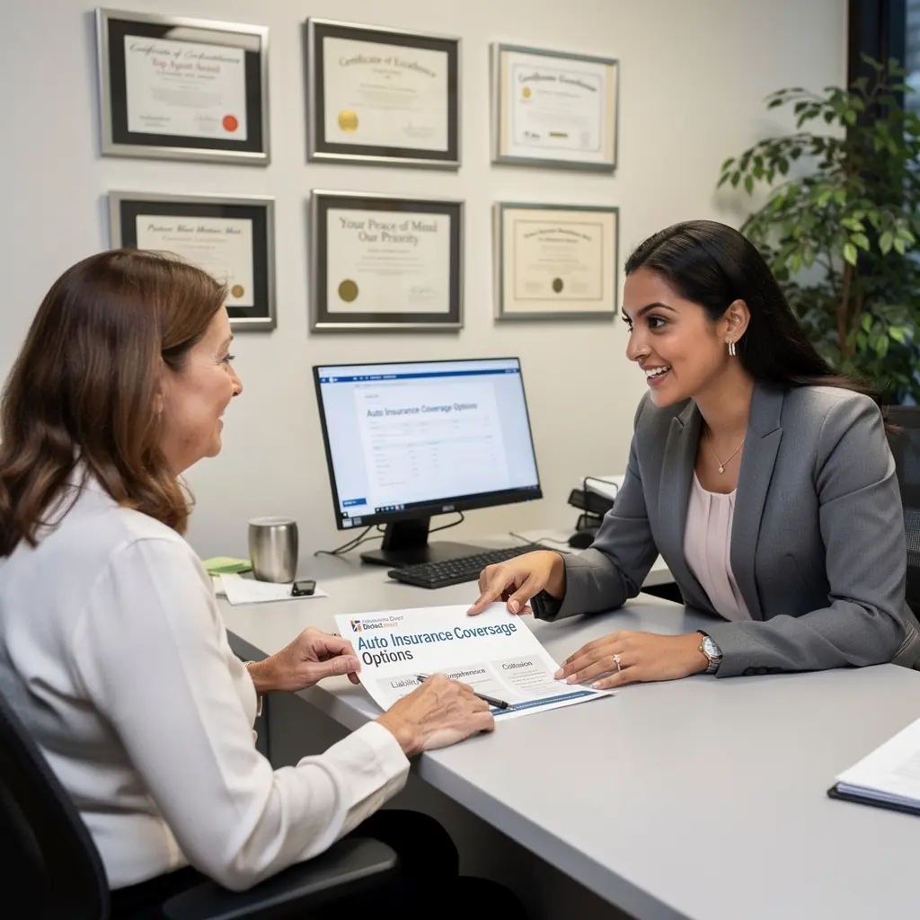 Klient z uśmiechem podpisujący umowę ubezpieczeniową przy biurku konsultanta.