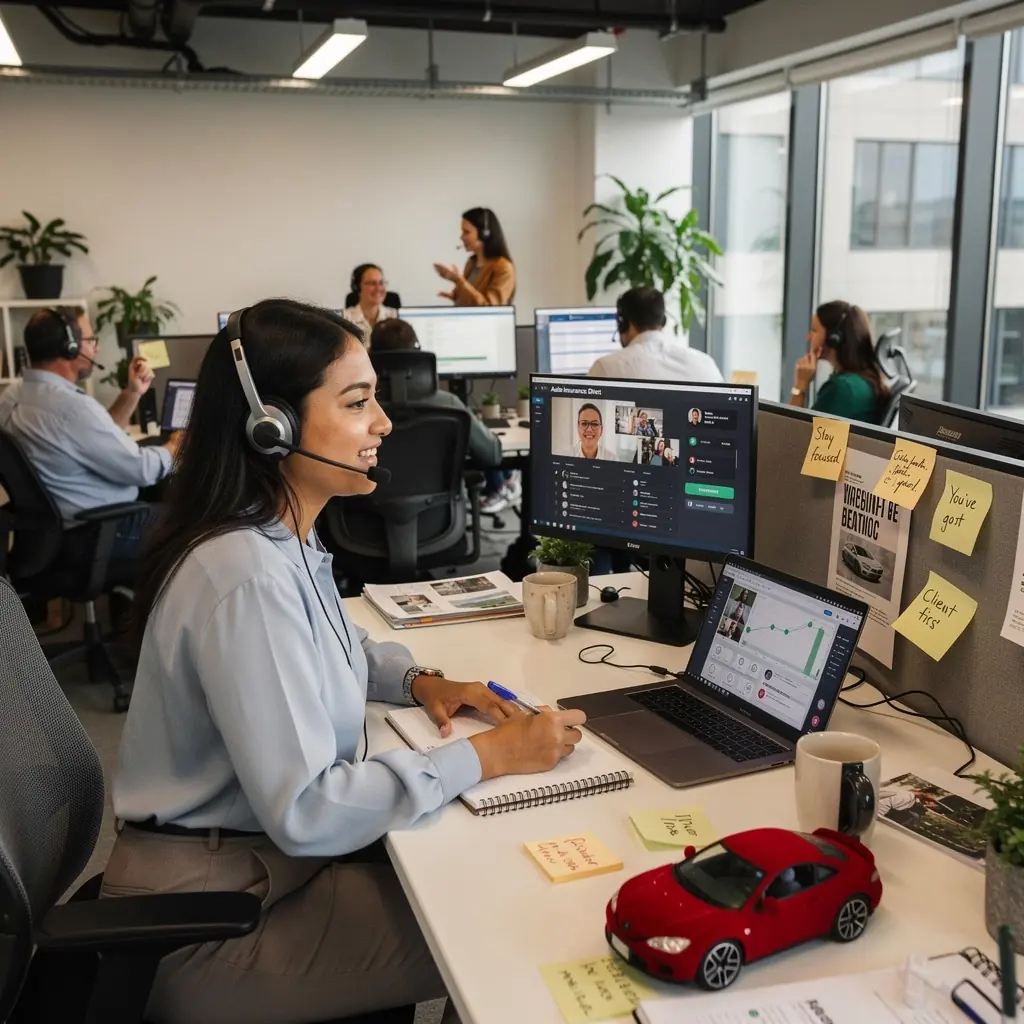 Ilustracja przedstawiająca zadowolonego kierowcę, który otrzymuje pomoc w zakresie ubezpieczenia samochodu.